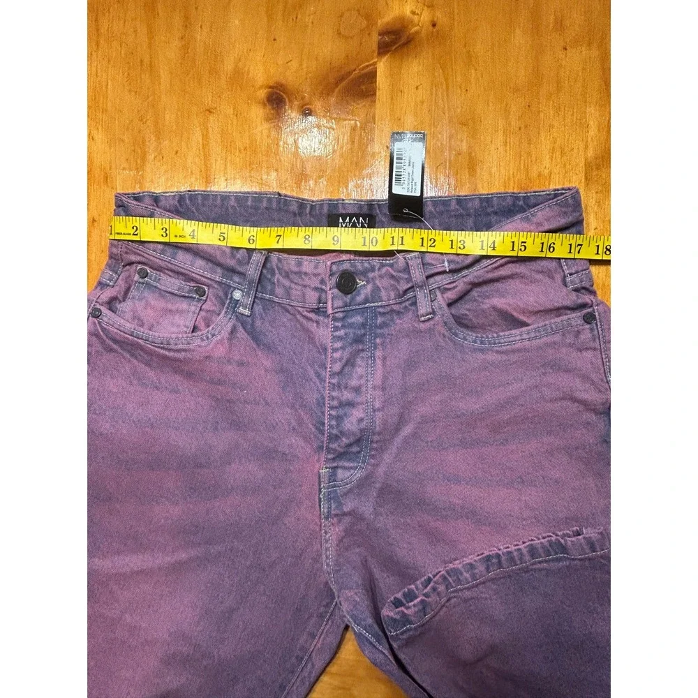 boohooMAN Mens Y2K‎ Grunge Relaxed Rigid Tinted Jeans Pink Purple Ripped Knee